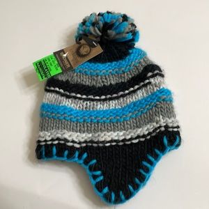 Broner Strip Chunky Hand Knit Hat With Tassel One Size Fits Most Black Blue Gray